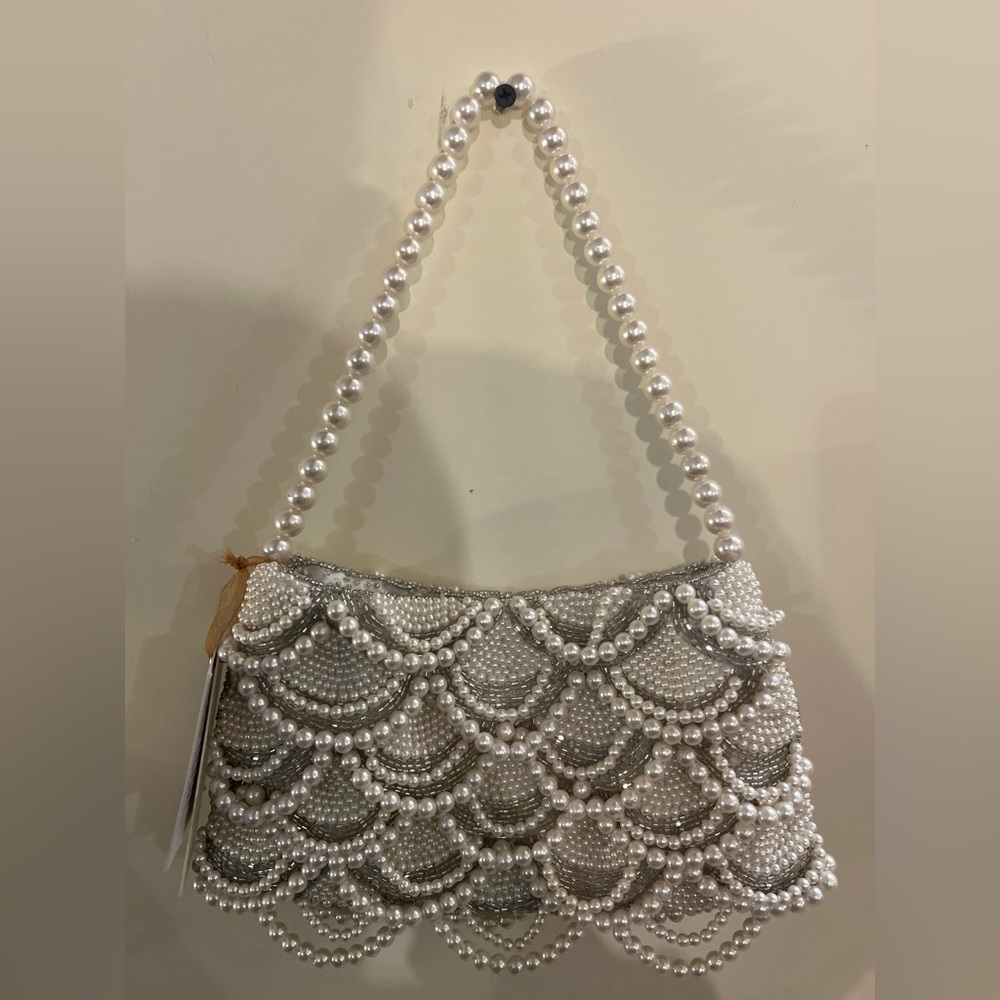 Elegant Silver Beaded Shoulder Bag with Pearl Strap- Bridal